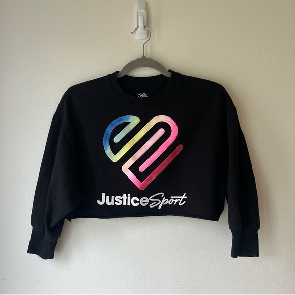 🌼 5/$25 Justice Sport Cropped Rainbow Heart Sweatshirt XS Black Fleece Pullover - Picture 1 of 8